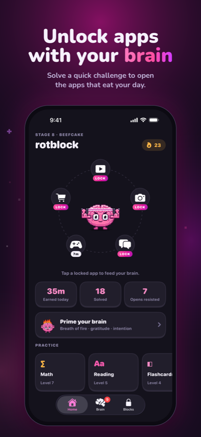 Home screen with locked apps around the brain mascot